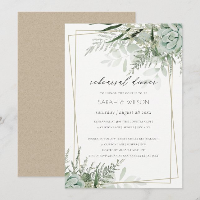 Dusky Leafy Fern Succulent Rehearsal Dinner Invite (Front/Back)