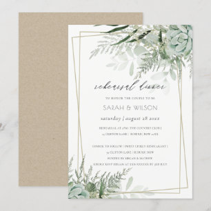 Dusky Leafy Fern Succulent Rehearsal Dinner Invite