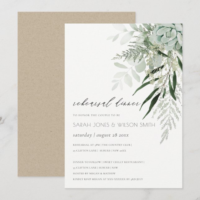 Dusky Leafy Fern Succulent Rehearsal Dinner Invite (Front/Back)
