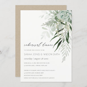 Dusky Leafy Fern Succulent Rehearsal Dinner Invite