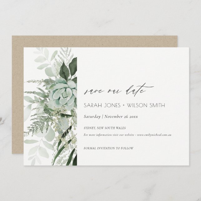 Dusky Leafy Fern Succulent Save the Date Card (Front/Back)