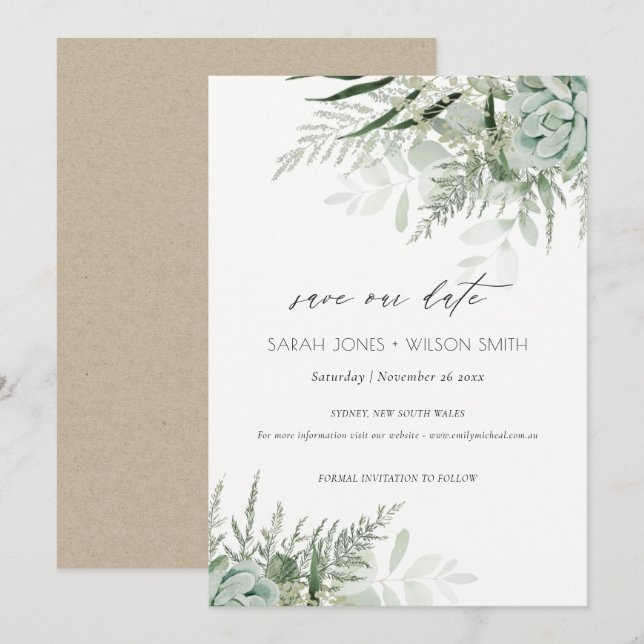 Dusky Leafy Fern Succulent Save the Date Card (Front/Back)