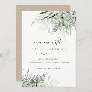 Dusky Leafy Fern Succulent Save the Date Card