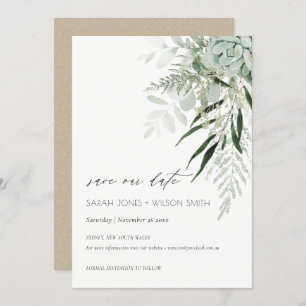Dusky Leafy Fern Succulent Save the Date Card