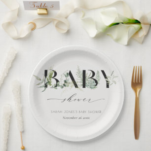 Dusky Leafy Fern Succulent Script Baby Shower Paper Plate