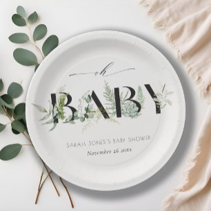 Dusky Leafy Fern Succulent Script Oh Baby Shower Paper Plate