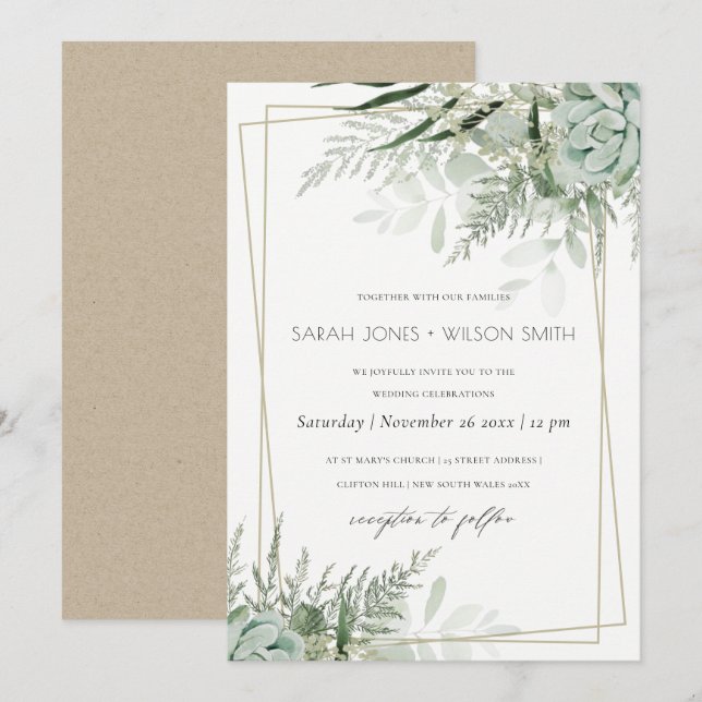 Dusky Leafy Fern Succulent Wedding Frame Invite (Front/Back)