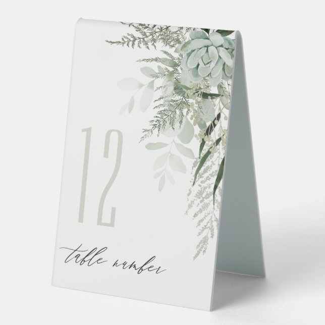 Dusky Leafy Fern Succulent Wedding Table Number (Front)