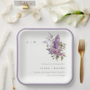 Dusky Lilac Watercolor Cottage Floral Wedding Paper Plate