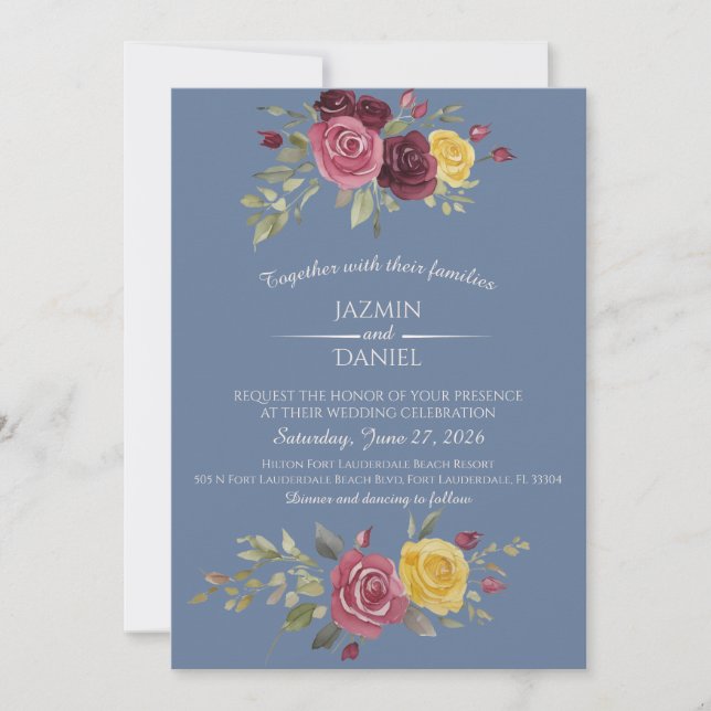Dusky Pastel Watercolor Roses Blue Invitation (Front)