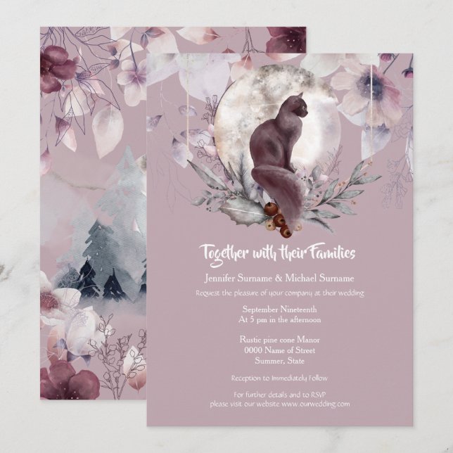 Dusky pink black cat moon watercolor invitation (Front/Back)