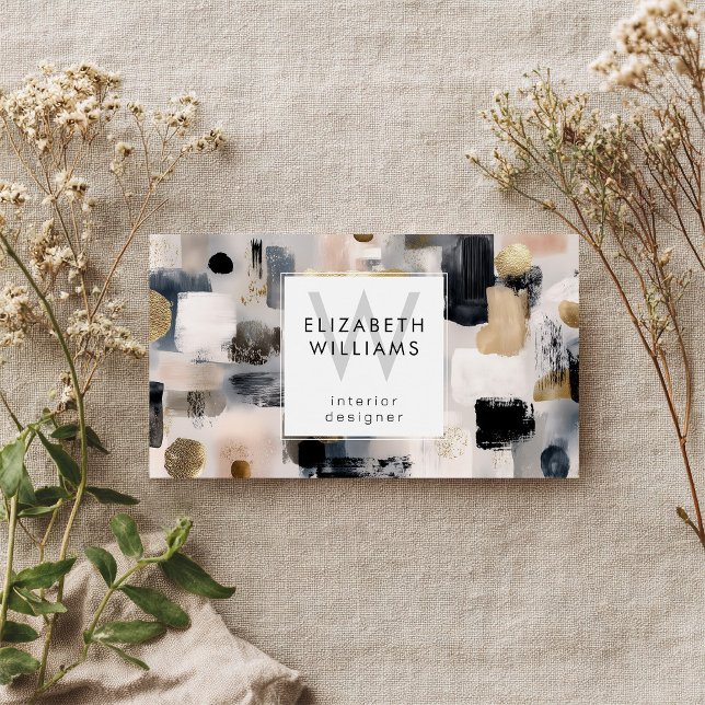 Dusky Pink Black Gold Monogram Business Cards (Creator Uploaded)