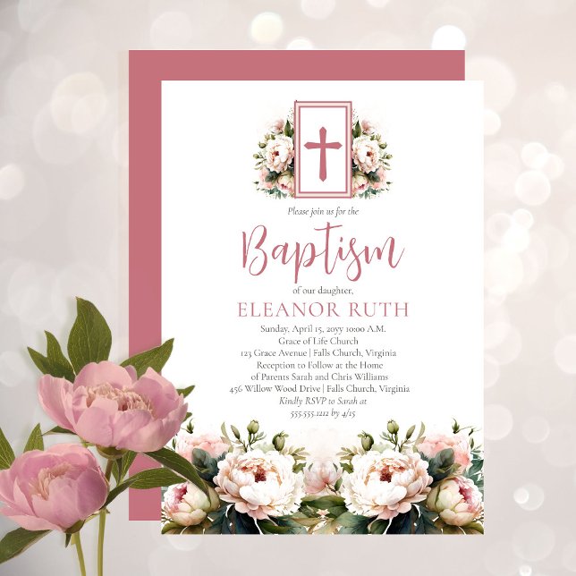 Dusky Pink Botanical Blooms Girl Floral Baptism Invitation (Creator Uploaded)