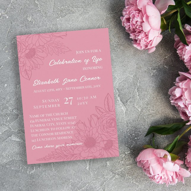 Dusky Pink Daisies Line Art Celebration of Life Invitation (Creator Uploaded)