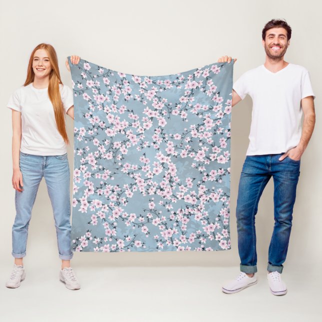 Dusky Pink Dusty Blue Cherry Blossoms Fleece Blanket (In Situ)