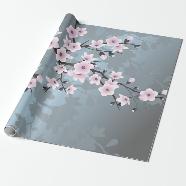 Dusky Pink Dusty Blue Cherry Blossoms Floral Wrapping Paper (Unrolled)