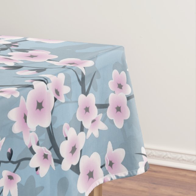 Dusky Pink Dusty Blue Cherry Blossoms Tablecloth (In Situ)