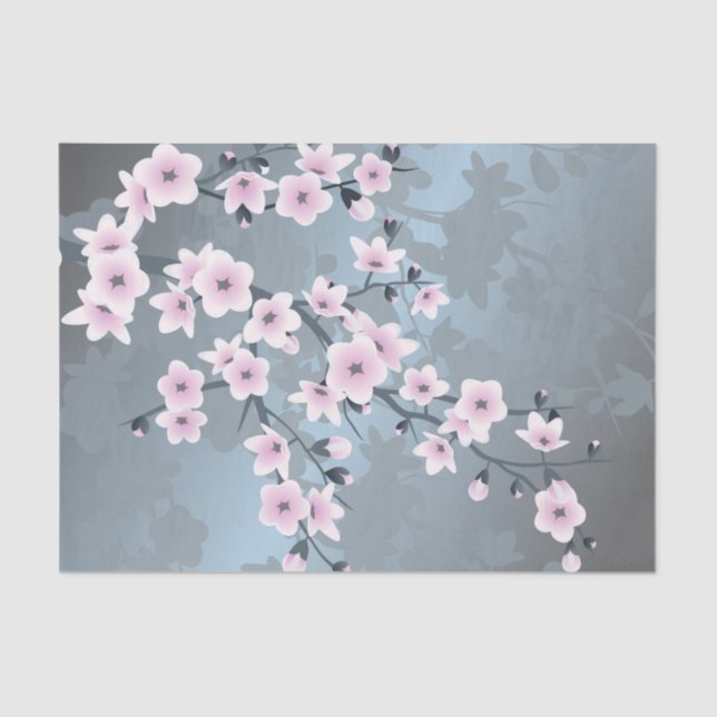 Dusky Pink Dusty Blue Cherry Blossoms Tissue Paper (Front)