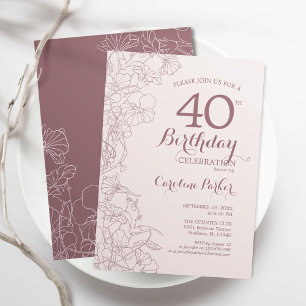 Dusky Pink Floral 40th Birthday Party Invitation