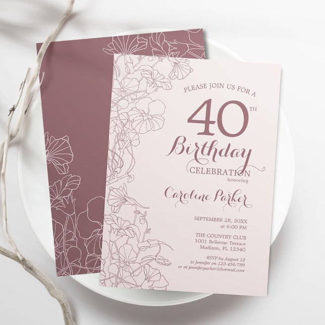Dusky Pink Floral 40th Birthday Party Invitation (Creator Uploaded)