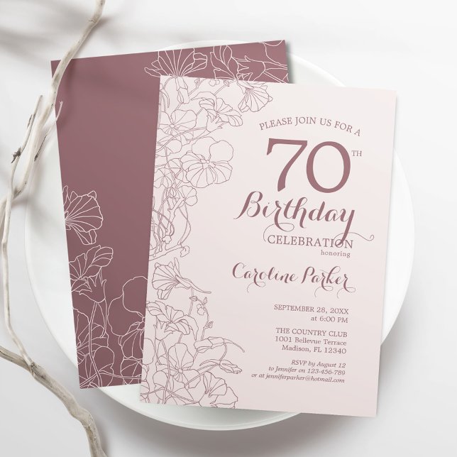 Dusky Pink Floral 70th Birthday Party Invitation (Creator Uploaded)