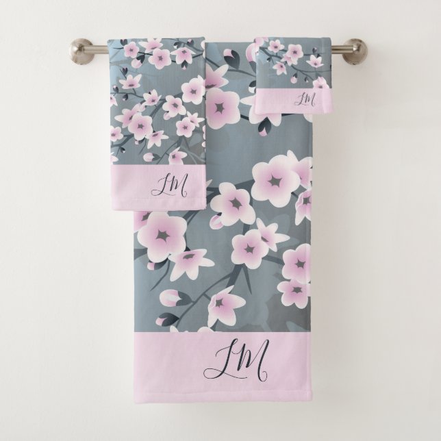 Dusky Pink Grayish Blue Cherry Blossom Floral Bath Bath Towel Set (Insitu)