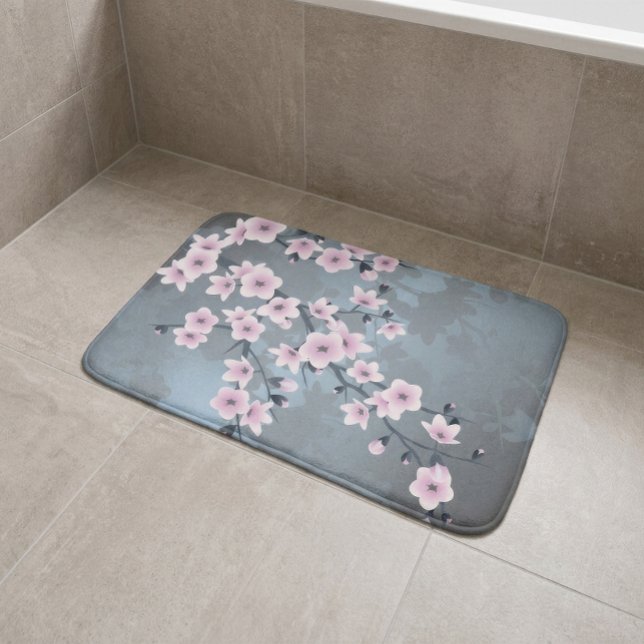 Dusky Pink Grayish Blue Cherry Blossom Floral Bath Mat (Creator Uploaded)