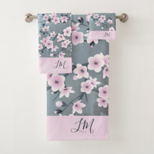 Dusky Pink Grayish Blue Cherry Blossom Floral Bath Towel Set