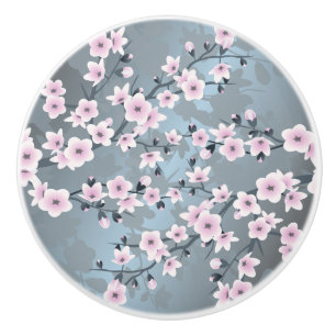 Dusky Pink Grayish Blue Cherry Blossoms Floral Ceramic Knob