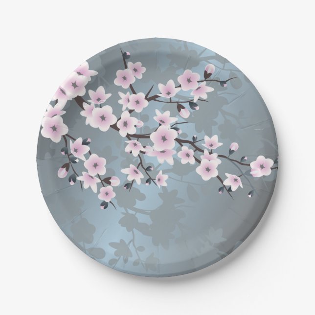 Dusky Pink  Grayish Blue  Cherry Blossoms Floral Paper Plate (Front)