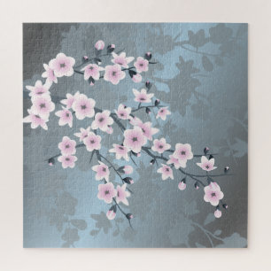 Dusky Pink Grayish Blue Cherry Blossoms Jigsaw Puzzle