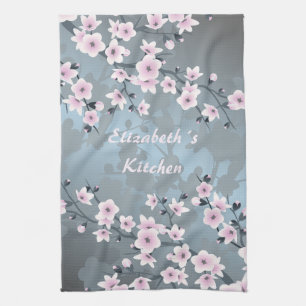 Dusky Pink Grayish Blue Cherry Blossoms Tea Towel
