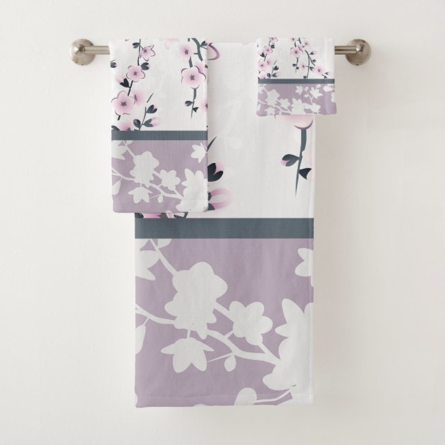 Dusky Pink Mauve Stripes Cherry Blossoms Bath Towe Bath Towel Set (Insitu)
