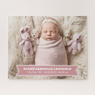 Dusky Pink Newborn Baby Girl Birth Stats Photo Jigsaw Puzzle