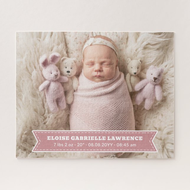 Dusky Pink Newborn Baby Girl Birth Stats Photo Jigsaw Puzzle (Horizontal)