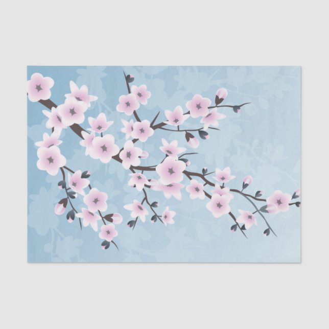 Dusky Pink Pale Blue Cherry Blossoms Tissue Paper (Front)