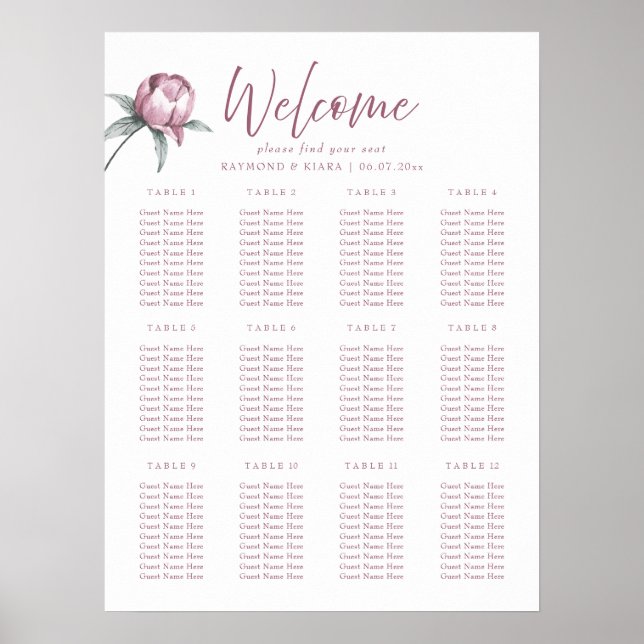 Dusky Pink Peony Find Your Seat Wedding Poster (Front)