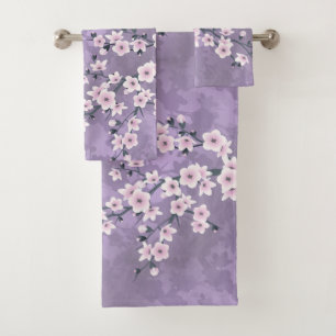 Dusky Pink Purple Cherry Blossom Floral  Bath Towel Set