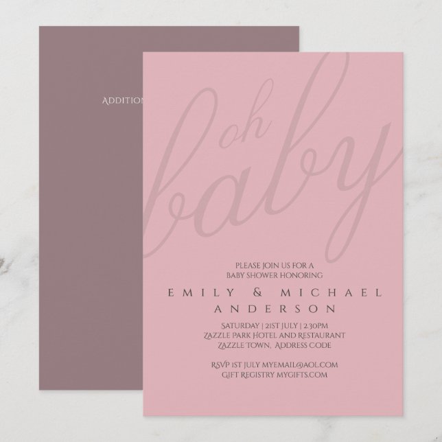 Dusky Pink Typography Baby Shower Gender Reveal Invitation (Front/Back)
