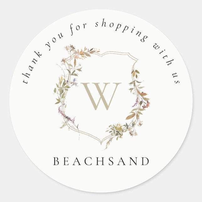 Dusky Pink Wildflower Crest Thank you for Shopping Classic Round Sticker (Front)