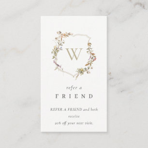 Dusky Pink Wildflower Monogram Crest Refer Friend Business Card