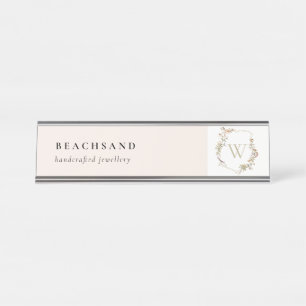 Dusky Pink Wildflower Monogram Initial Crest Desk Name Plate