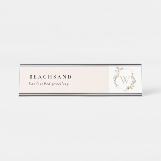 Dusky Pink Wildflower Monogram Initial Crest  Desk Name Plate (Front)