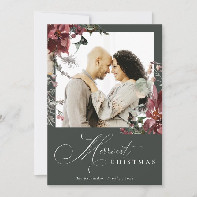 Dusky Poinsettia Floral Merriest Christmas Photo Holiday Card (Front)