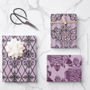 Dusky Purple and Black Paris themed Wrapping Paper Sheet