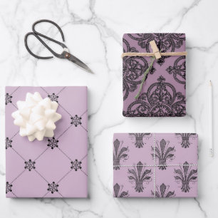 Dusky Purple and Black Paris themed Wrapping Paper Sheet