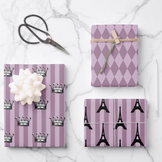 Dusky Purple and Black Paris themed Wrapping Paper Sheet (Front)