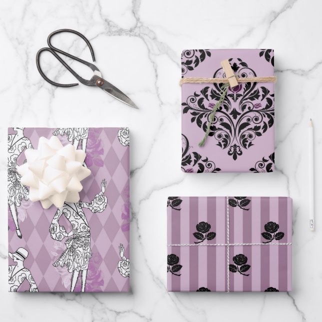 Dusky Purple and Black Paris Wrapping Paper Sheet (Front)