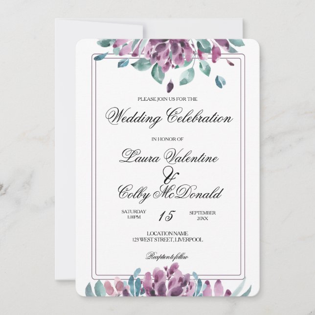 Dusky Purple Floral Fall Wedding Invitation (Front)