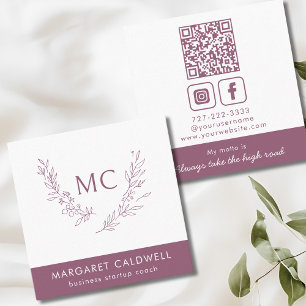 Dusky Purple Monogram Wreath Square Business Card